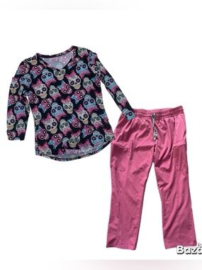 Sz XL Petite Pink Scrub Pants Wonder Wink Renew W/ Sugar Skull Scrub Top
